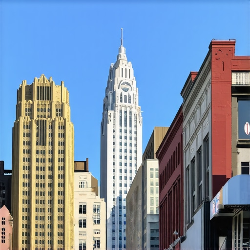 Louisville landmarks and local business storefronts, vibrant and engaging