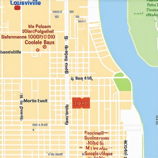 Louisville city map with marked business locations and Google Maps interface