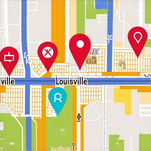 Louisville city map with local SEO markers and engagement icons