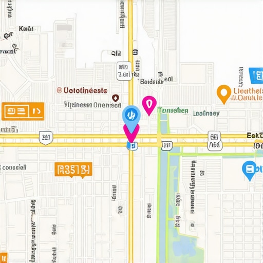 Louisville cityscape with digital map overlays and local business signage