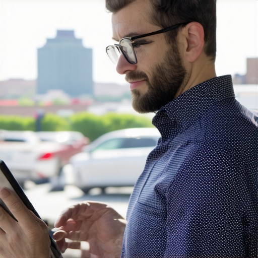 Louisville SEO Analytics and Community Engagement Business owner analyzing Louisville local SEO analytics on digital tablet with cityscape background