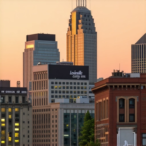Skyline of Louisville with local shops and restaurants at sunset