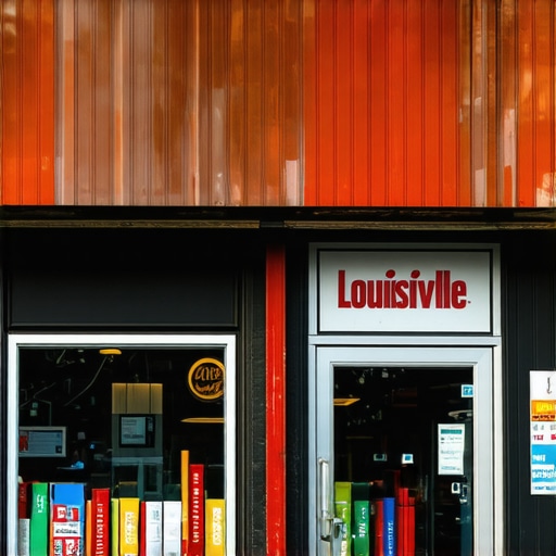 Louisville storefront with signage and cityscape