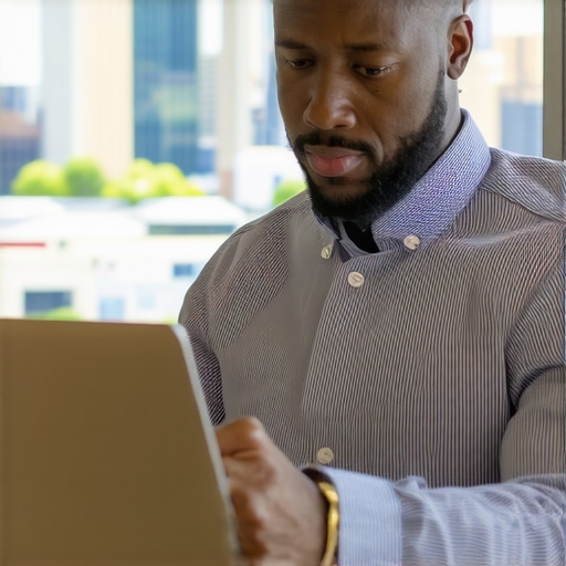 Business owner reviewing online citations on a laptop with Louisville cityscape in background.