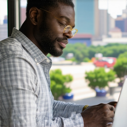 Louisville Business Owner Optimizing GMB Profile Louisville business owner working on Google My Business optimization with cityscape background.