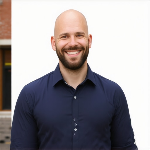 Business owner optimizing Google My Business profile with Louisville storefront background