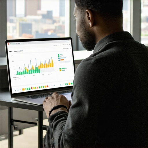 A person analyzing local SEO data on a laptop with Louisville skyline visible