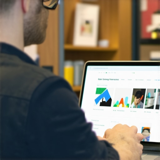 Business owner editing Google My Business profile with Louisville signage in background.