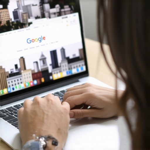 Optimizing GMB Profile in Louisville Person editing Louisville Google My Business profile on a laptop with city landmarks visible.