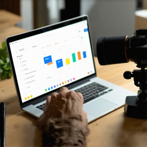 Marketing professional working with analytics dashboard and camera gear to maintain Louisville SEO