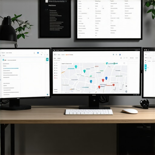 A professional working on local SEO analytics with Louisville maps and review dashboards on computer screens.