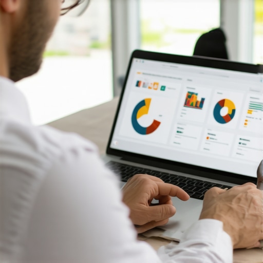 Reviewing Louisville SEO Analytics Businessman analyzing local SEO performance data on a laptop showing Louisville maps and rankings