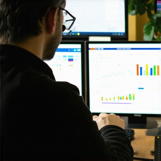 Analyzing Local SEO Tools for Louisville Marketing professional reviewing SEO analytics with multiple screens showing maps, rankings, and website stats.