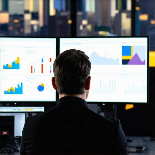 Digital marketer using analytics tools with Louisville cityscape in background.