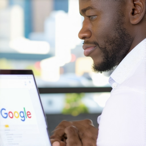 Louisville GMB Optimization Louisville business owner working on Google My Business optimization on laptop with cityscape