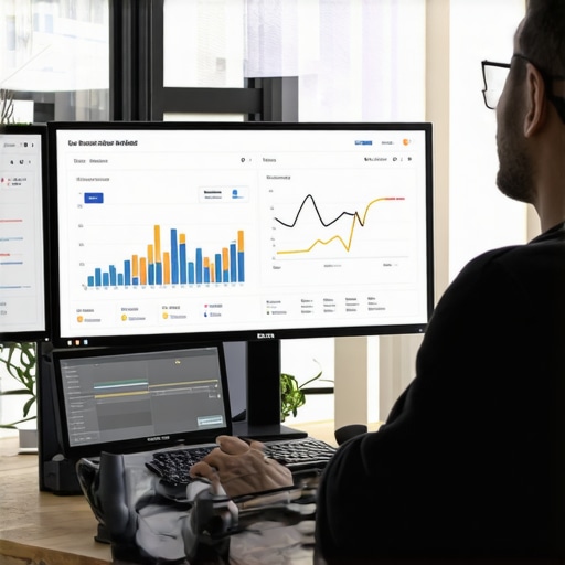 A person reviewing SEO data dashboards on multiple monitors, focusing on Louisville's local search performance.