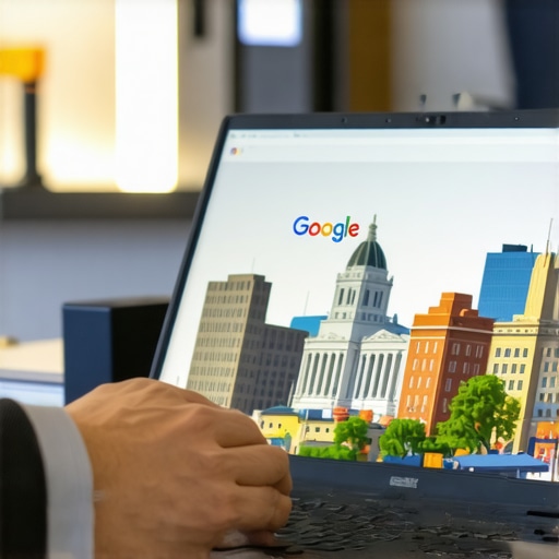 Person updating Google My Business profile on a laptop with Louisville skyline