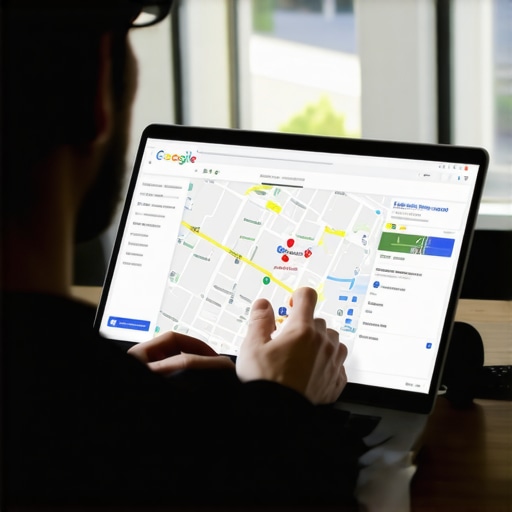 Louisville business owner updating Google My Business profile with Louisville city map in background.