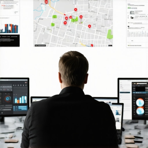 Digital marketer analyzing local SEO tools A digital marketing professional reviewing SEO analytics on multiple monitors, with Louisville map in the background.