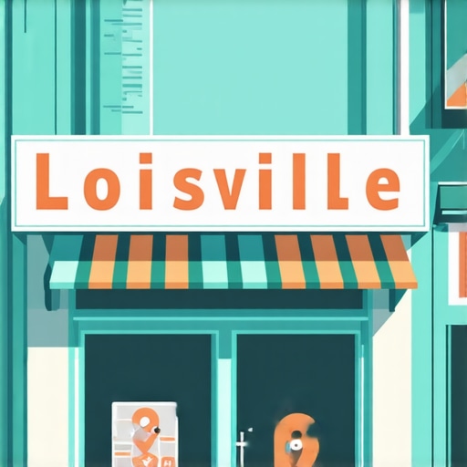 Illustration of Louisville storefront with SEO and map icons.