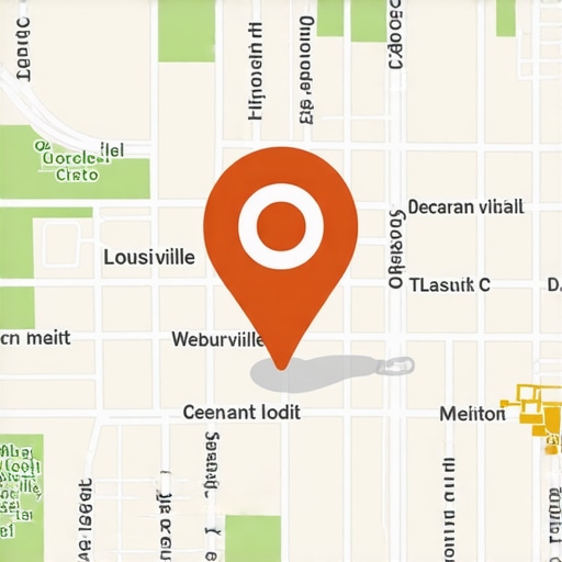 A digital map highlighting Louisville neighborhoods with a business pin extending into nearby districts.